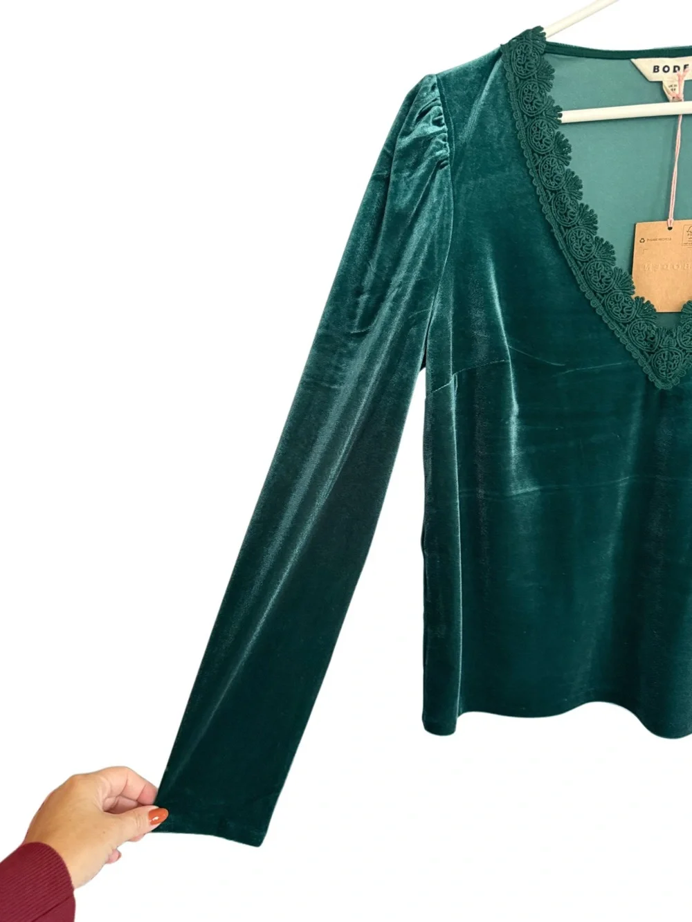 Boden Flora V-Neck Velvet Long-Sleeve Top Size 6 Lace Trim Puff Shoulders